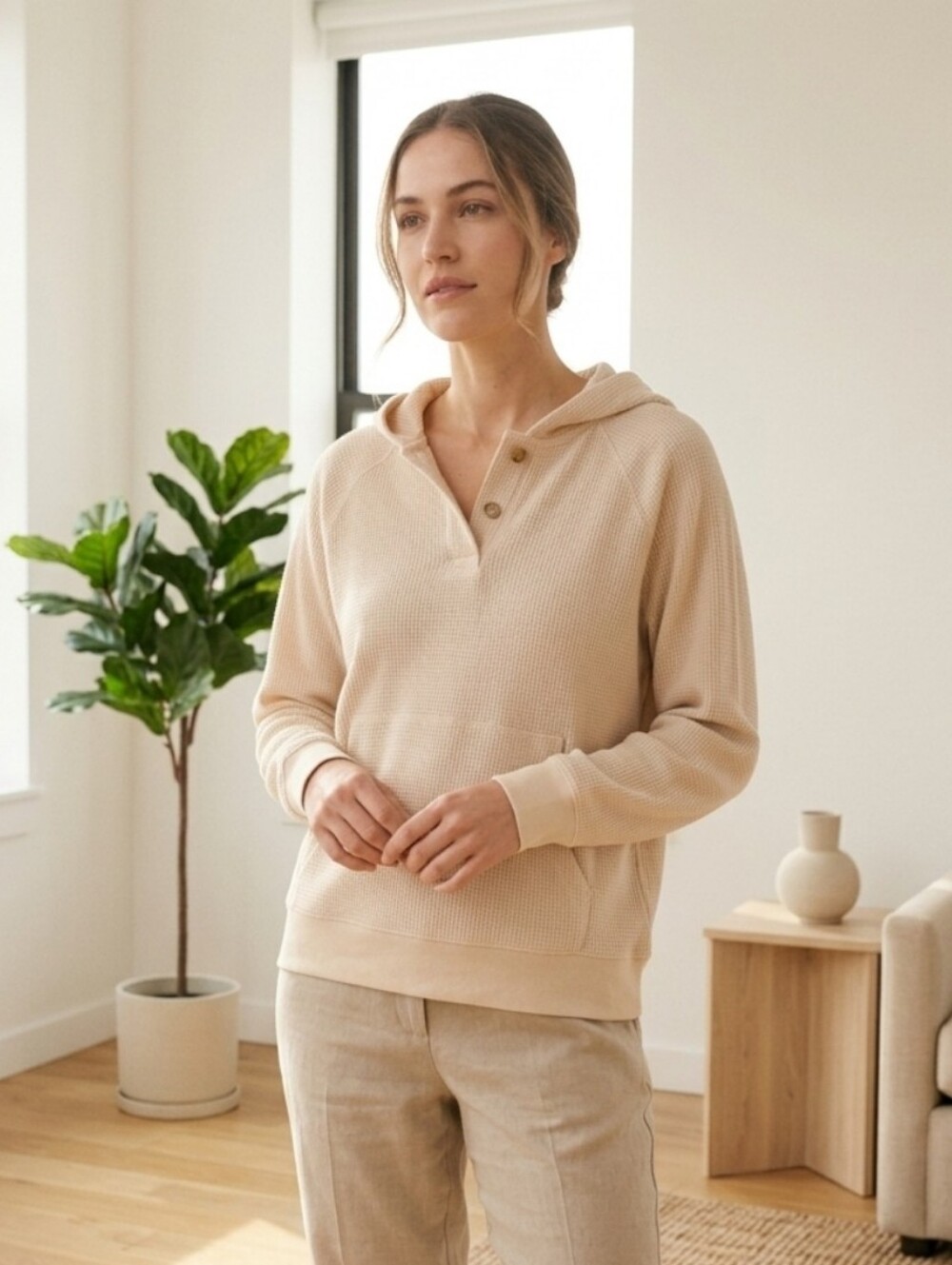Rylee + Cru Cream Waffle-Knit Hooded Sweatshirt